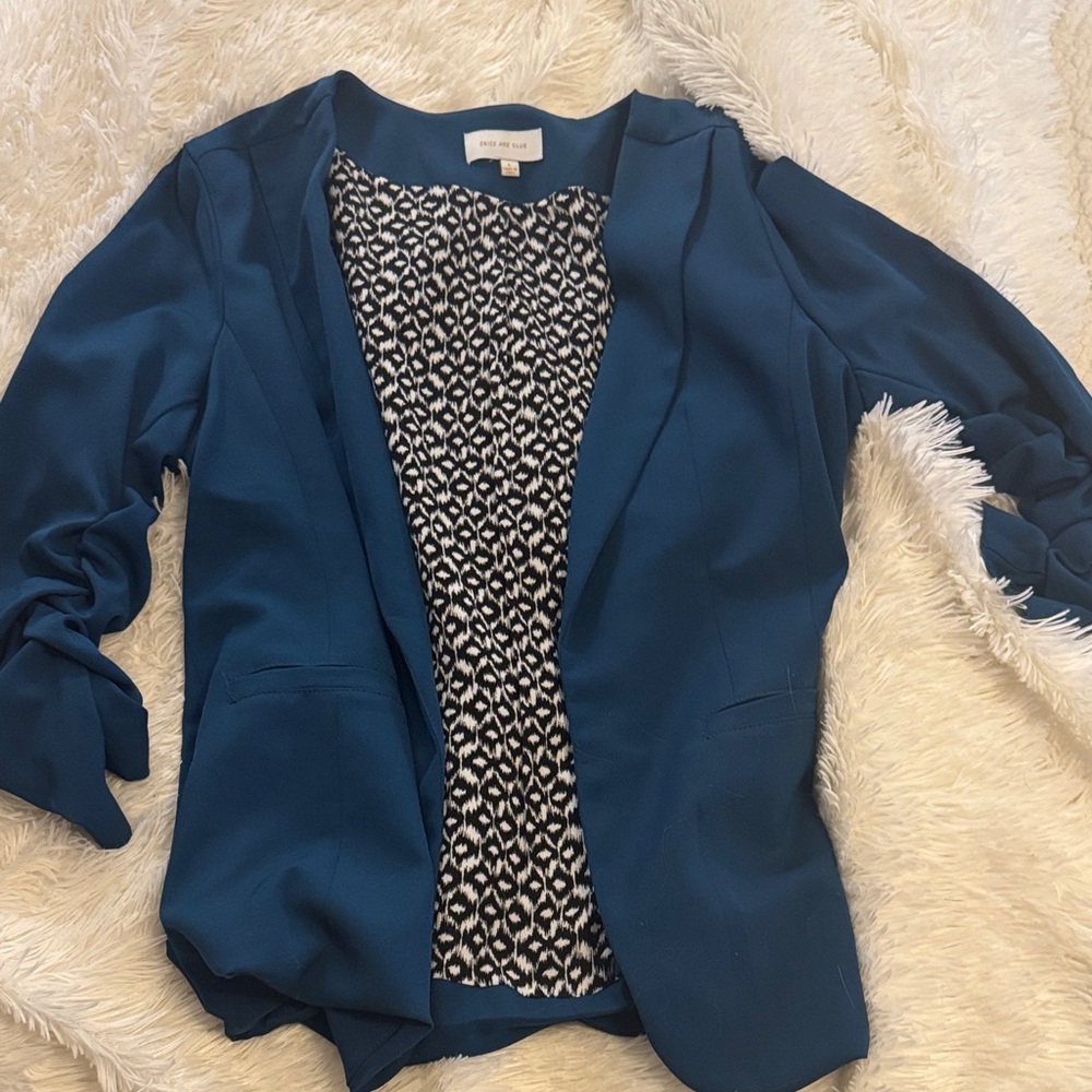 Skies Are Blue Teal Open-Front Blazer with Patterned Lining